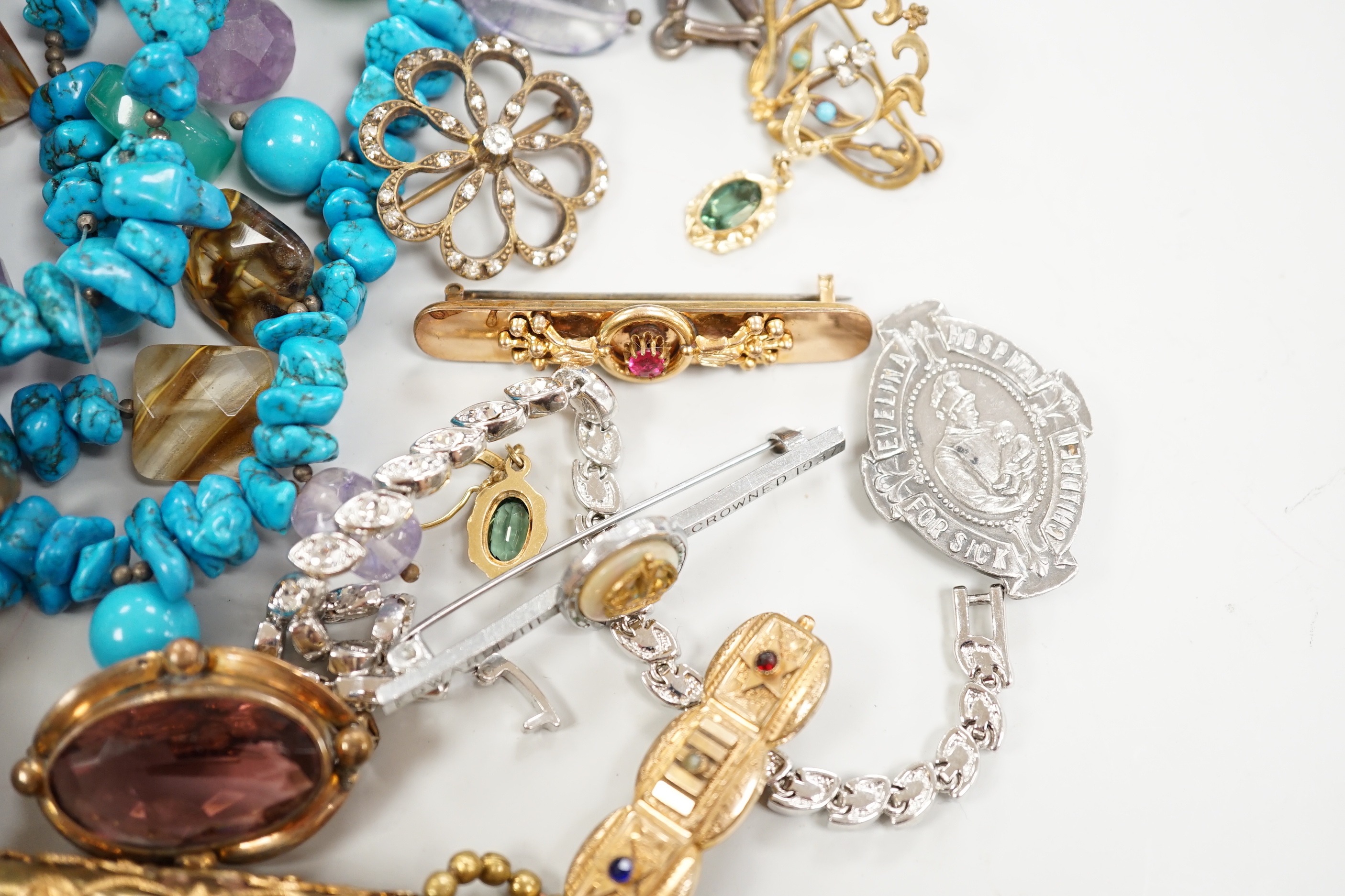 Assorted costume and other jewellery including antique buckle, paste jewellery, silver medallion etc.